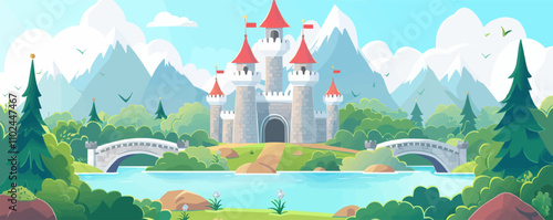 Enchanting castle on a hill with a moat and drawbridge, flat, vector illustration, Sketch.