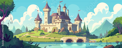 Enchanting castle on a hill with a moat and drawbridge, flat, vector illustration, Sketch.