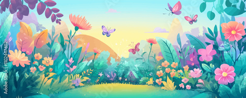 Fairy garden. Enchanted plants, whimsical fairies, vibrant flowers, and magical creatures, creating a charming and magical garden scene, vector illustration, flat style.