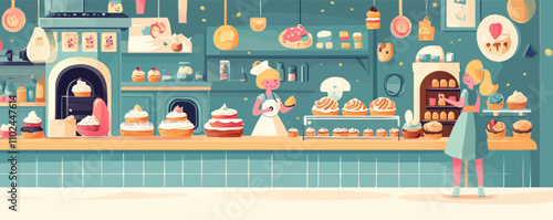 Fantasy bakeries. Enchanted ovens, whimsical bakers, colorful pastries, and playful details, creating a charming magical bakery, vector illustration, flat style.