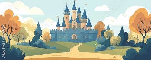 Fantasy castle. Enchanted towers, whimsical creatures, playful royalty, and magical landscapes, depicting a charming fantasy castle, vector illustration, flat style.