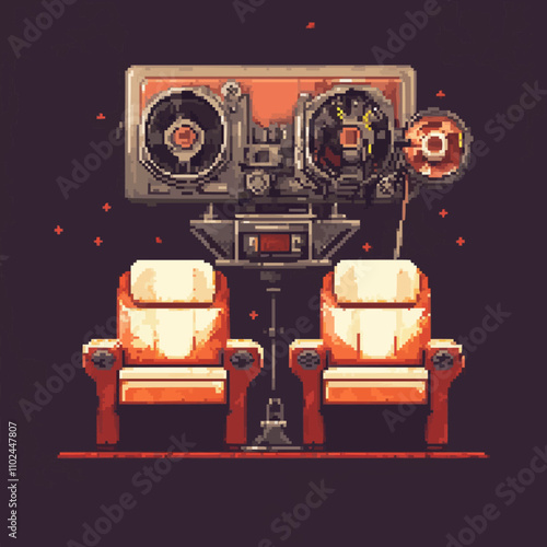 Design pixel art retro cinemas with vintage projectors, classic film reels, and cozy seating, vector icon design, flat style.