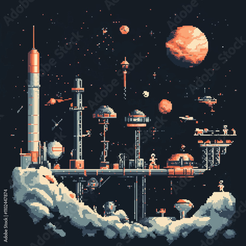 Design pixel art space exploration with astronauts and space stations, vector icon design, flat style.