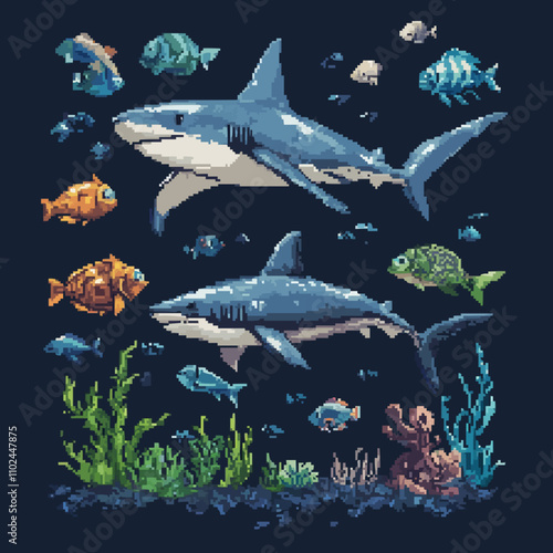 Design pixel art underwater creatures like sharks and turtles, vector icon design, flat style.