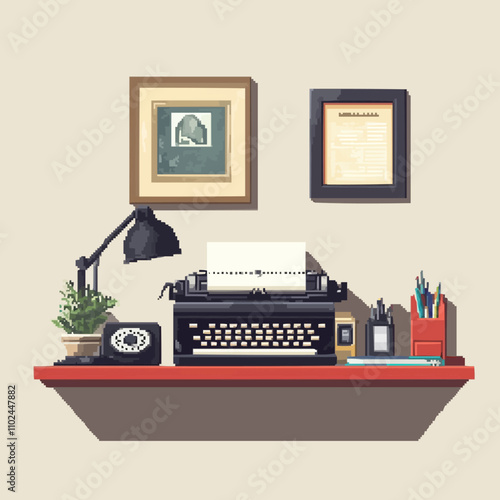 Design pixel art retro office scenes with typewriters and rotary phones, vector icon design, flat style.