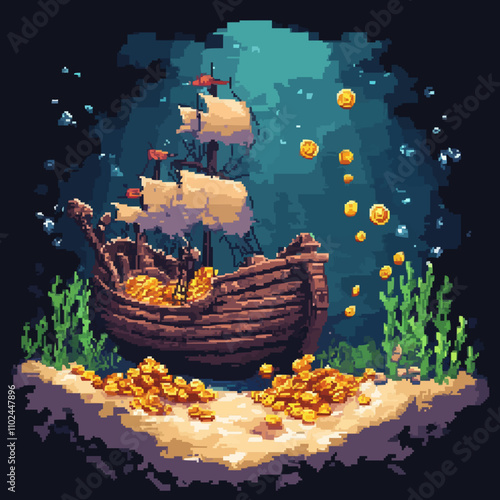 Design pixel art underwater treasures with sunken ships and gold coins, vector icon design, flat style.