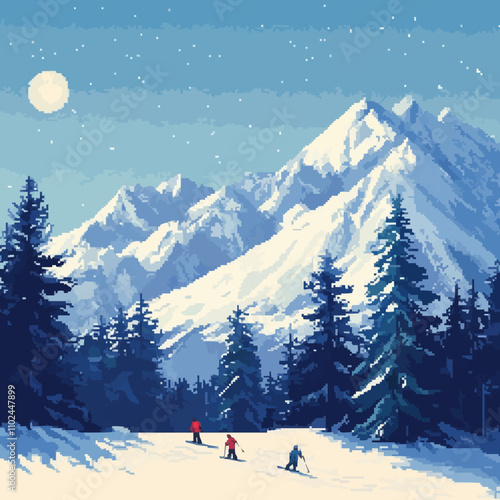 Design pixel art snowy mountain landscapes with skiers and snowboarders, vector icon design, flat style.