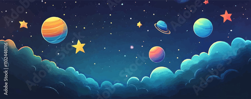 Dreamy celestial. Whimsical stars, colorful nebulae, imaginative planets, and serene night skies, creating a dreamy and ethereal space scene, vector illustration, flat style.