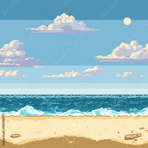 Design pixel art cozy beach scenes with sandy shores and gentle waves, vector icon design, flat style.