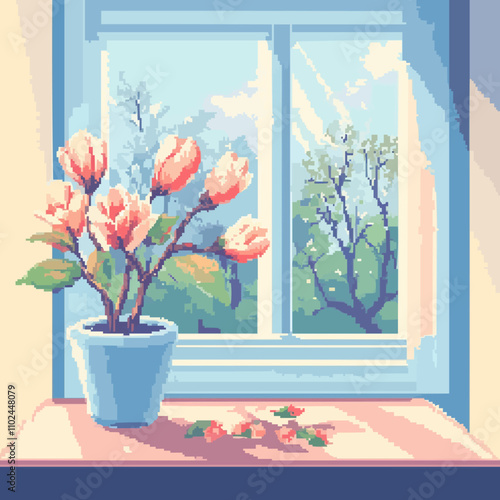 Design pixel art cozy spring mornings with blooming flowers and gentle sunshine, vector icon design, flat style.
