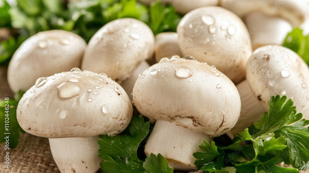 Fresh Raw Mushrooms with Water Droplets and Green Herbs Fresh Raw Mushrooms with Water Droplets and Green Herbs