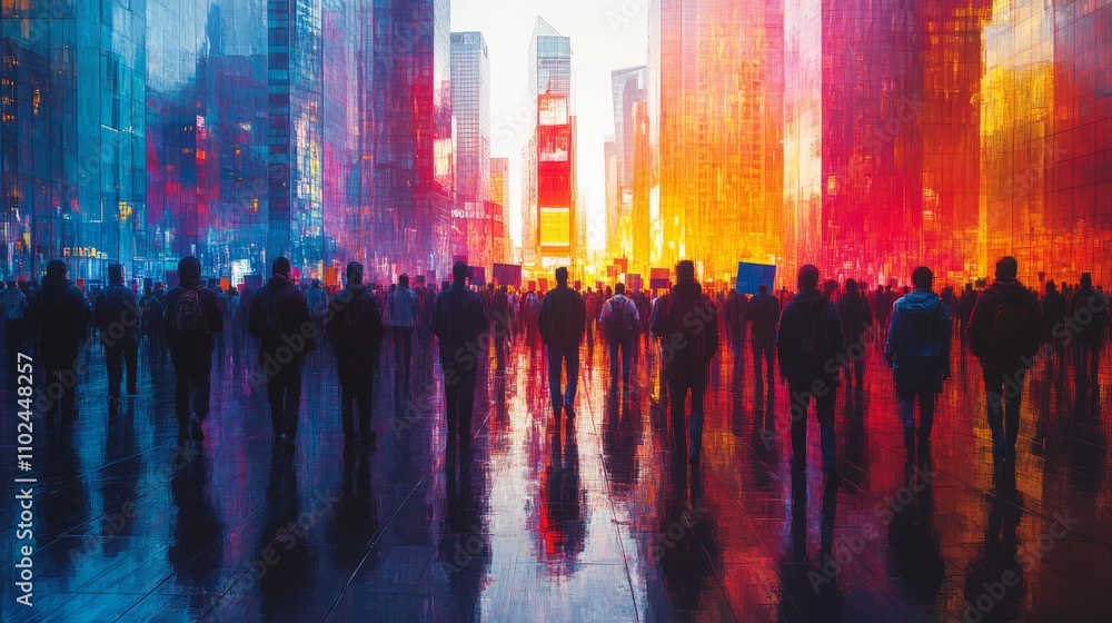 Crowds gather in a bustling urban area as reflections of vibrant lights illuminate the scene, creating a mesmerizing sunset backdrop in the city Crowds gather in a bustling urban area as reflections of vibrant lights illuminate the scene, creating a mesmerizing sunset backdrop in the city