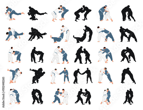 Silhouette of judoist, judoka, fighter in duel, fight, judo sport. Martial arts
