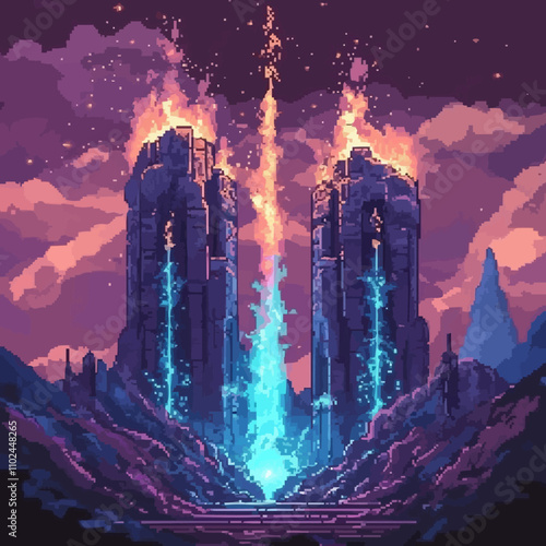 Design pixel art enchanted towers with arcane symbols and magical auras, vector icon design, flat style.