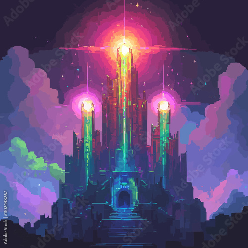 Design pixel art enchanted towers with arcane symbols and magical auras, vector icon design, flat style.