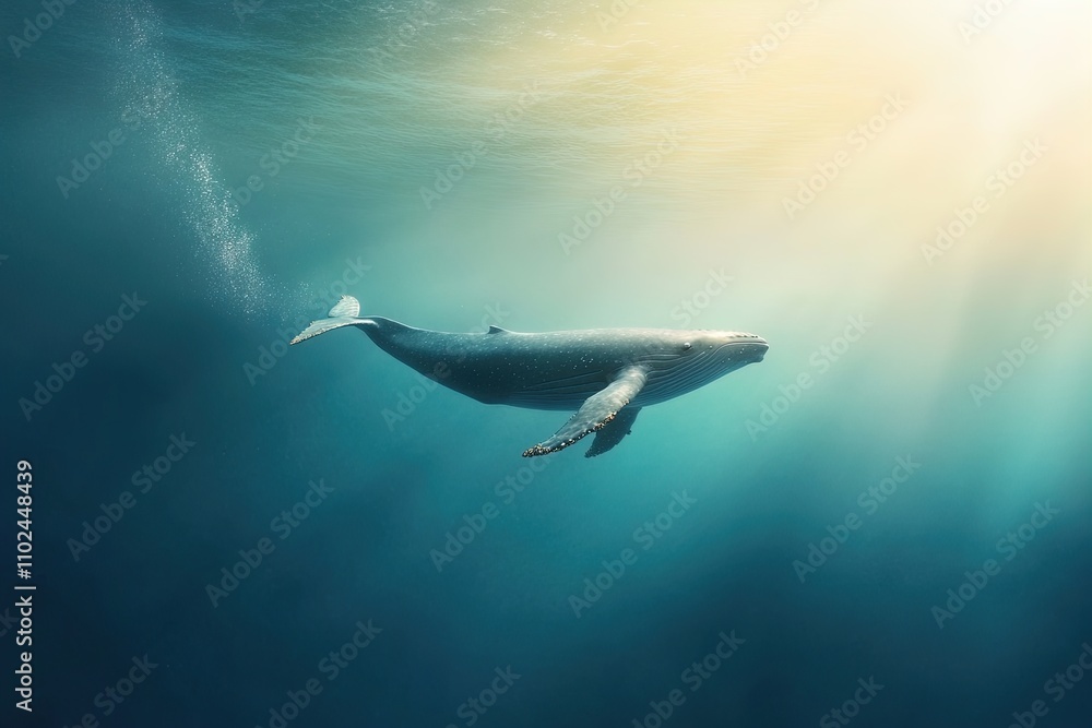 Fototapeta premium Humpback whale gliding through sunlit waters during a serene underwater moment
