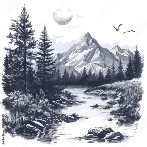 Draw a serene mountain landscape with trees, rivers, and wildlife, great for nature and travel-themed projects, hand-drawn vector art.