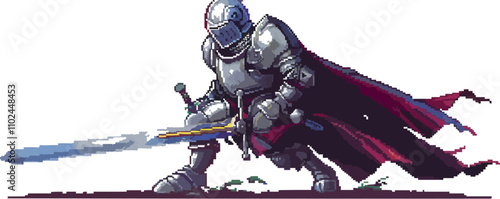 Draw pixel art of a knight in shining armor, pixel art on white isolated background, vector design.