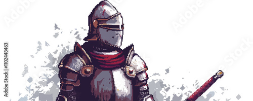 Draw pixel art of a knight in shining armor, pixel art on white isolated background, vector design.