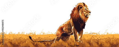 Draw pixel art of a majestic lion in the savannah, pixel art on white isolated background, vector design.