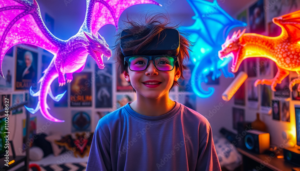 Obraz premium A child wearing AR glasses, surrounded by vivid holographic dinosaurs in a playful and colorful room.