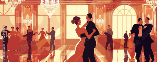 Elegant ballroom with chandeliers and couples dancing, flat, vector illustration, Sketch.