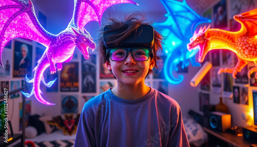 A child wearing AR glasses, surrounded by vivid holographic dinosaurs in a playful and colorful room.