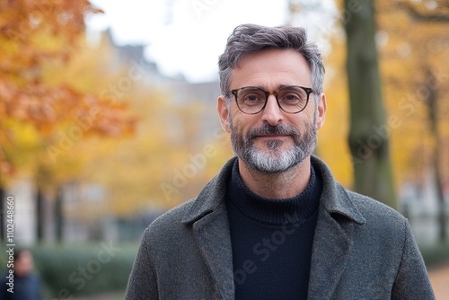 Middle-aged man with beard in grey coat smiling in autumn park surrounded by yellow leaves