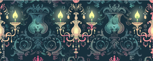 Elegant chandeliers, vintage furniture, and ornate details for a Victorian theme, flat, vector illustration, seamless pattern background design.