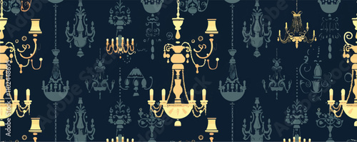 Elegant chandeliers, vintage furniture, and ornate details for a Victorian theme, flat, vector illustration, seamless pattern background design.