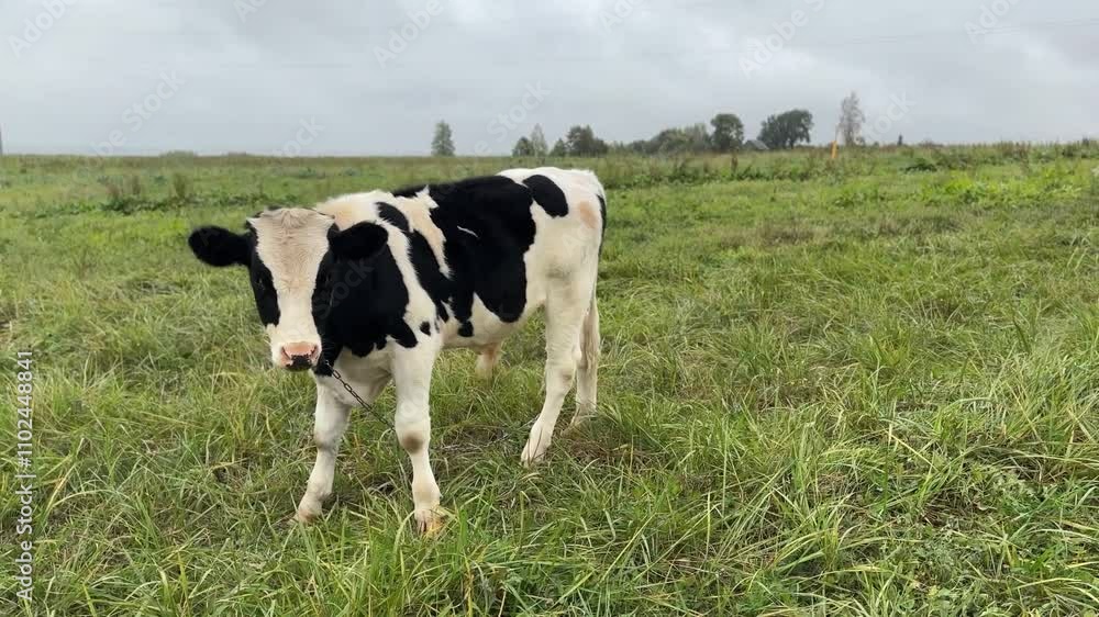 a cow grazes in a meadow in summer and eats grass a cow grazes in a meadow in summer and eats grass