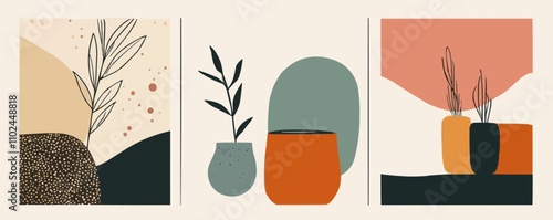 Design abstract minimal mid-century sets with simple lines and subdued hues. Perfect for home decor and digital designs, vector illustration, flat style.