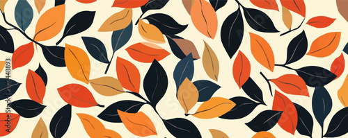 Design overlapping, irregular leaf shapes in autumnal shades for a warm, seasonal look, vector pattern background, flat style.