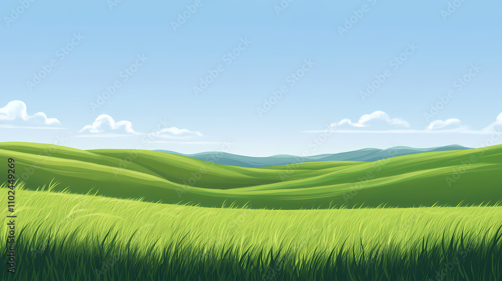 Distant view across a green field. Archaic. Illustration Distant view across a green field. Archaic. Illustration