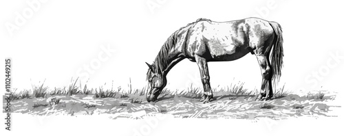 Horse grazing in a pasture sketch engraving vector illustration. Scratch board imitation. Black and white image.
