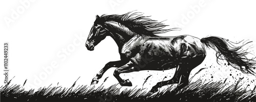 Horse running through a field sketch engraving vector illustration. Scratch board imitation. Black and white image.