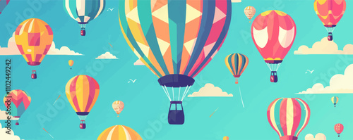 Hot air balloons, colorful designs and floating in the sky, adventure, neon style, vector illustration, flat style.