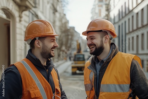 Construction workers share a laugh on a city street during a sunny afternoon