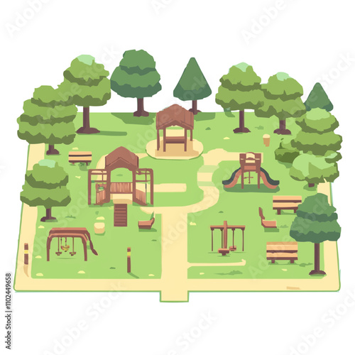 pixel art modern urban parks with playgrounds and picnic areas, vector icon design, flat style.