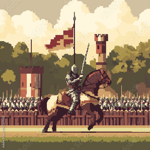 pixel art medieval tournaments with knights in armor and jousting fields, vector icon design, flat style.