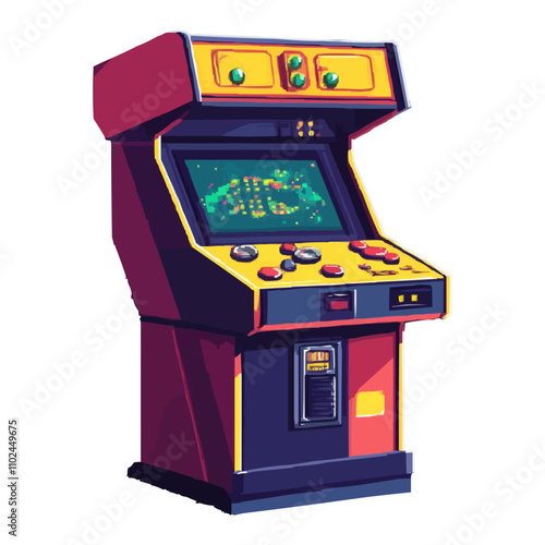 pixel art retro arcade cabinets with colorful graphics and pixelated characters, vector icon design, flat style.