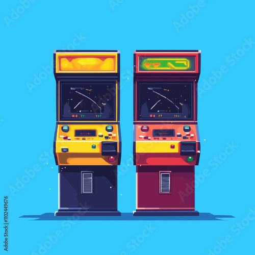 pixel art retro arcade cabinets with colorful graphics and pixelated characters, vector icon design, flat style.