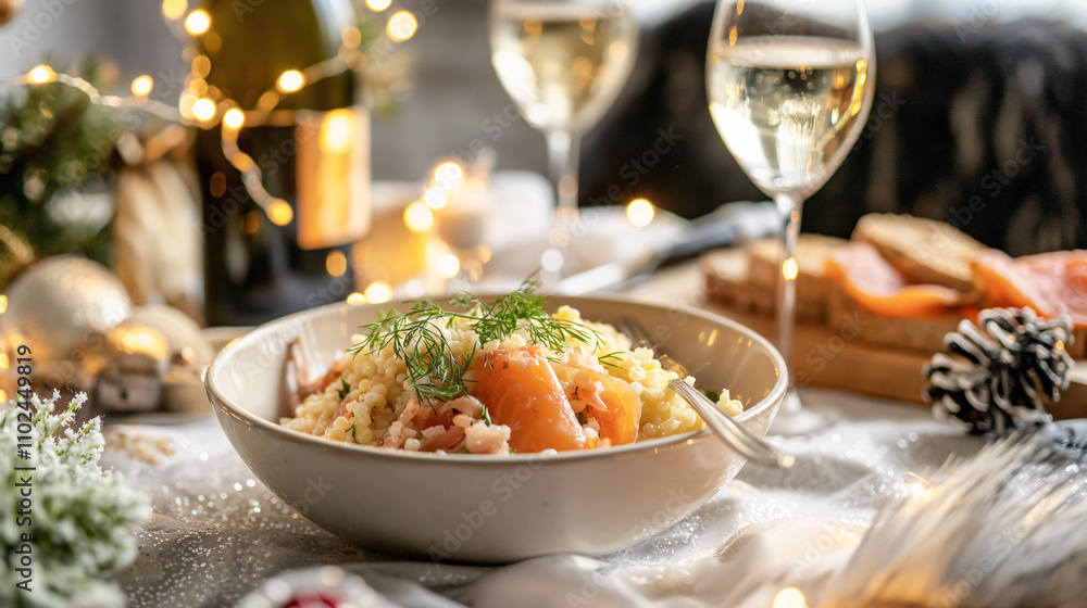 Bowl of Olivier salad, smoked salmon slices, and a bottle of sparkling wine on a snow-white tablecloth with subtle winter-themed decorations, creating a cozy and celebratory ambiance. Bowl of Olivier salad, smoked salmon slices, and a bottle of sparkling wine on a snow-white tablecloth with subtle winter-themed decorations, creating a cozy and celebratory ambiance.