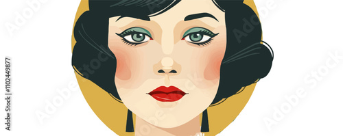 Jazz age flapper portrait with 1920s fashion and bold colors, flat portrait, vector illustration.