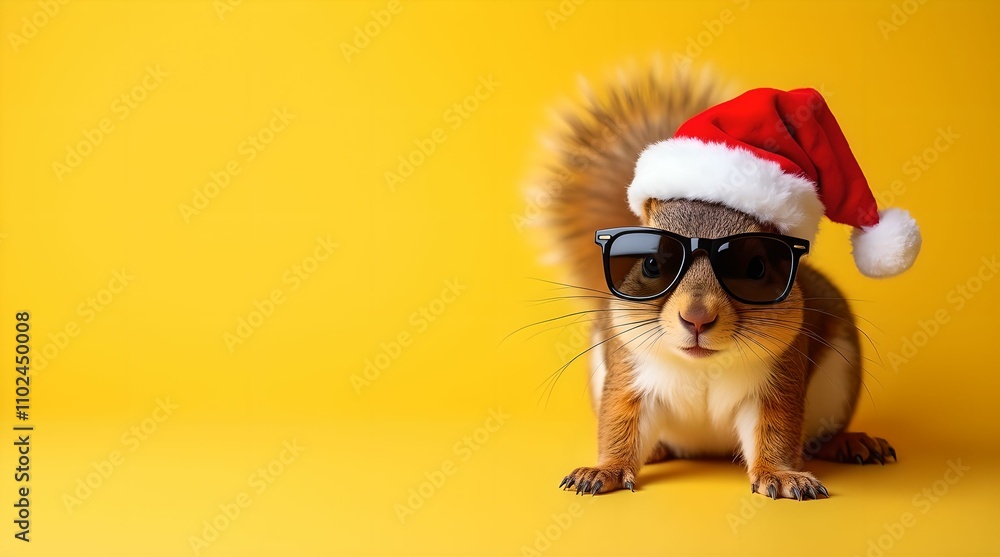 Happy New Year banner, squirrel in Santa Claus hat and sunglasses on yellow background Happy New Year banner, squirrel in Santa Claus hat and sunglasses on yellow background