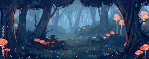 Magical forest with tall trees, glowing mushrooms, and mystical creatures, flat, vector illustration in watercolor style.