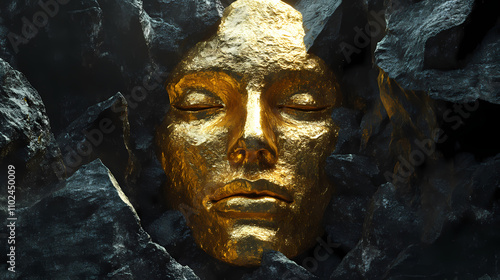 Golden face sculpture surrounded by dark rocks. Archaic. Illustration photo