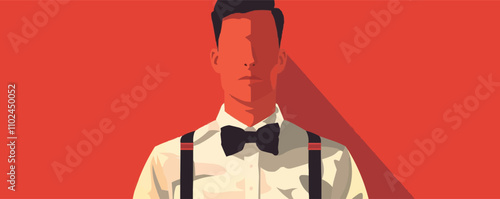 Man with a bow tie and suspenders, flat portrait, vector illustration.