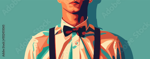 Man with a bow tie and suspenders, flat portrait, vector illustration.