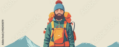 Man with a hiking backpack and mountain gear, flat portrait, vector illustration.